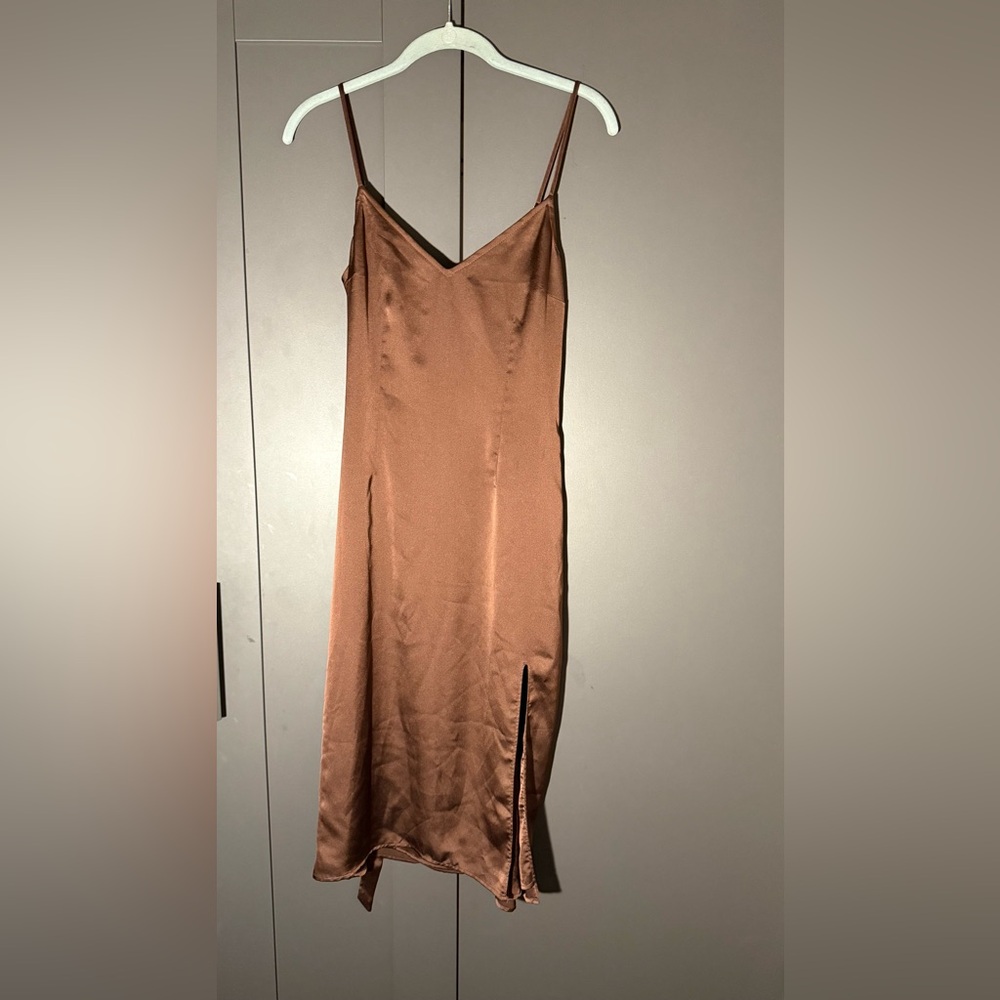 Abercrombie & Fitch Satin Midi Slip Dress in Copper Brown